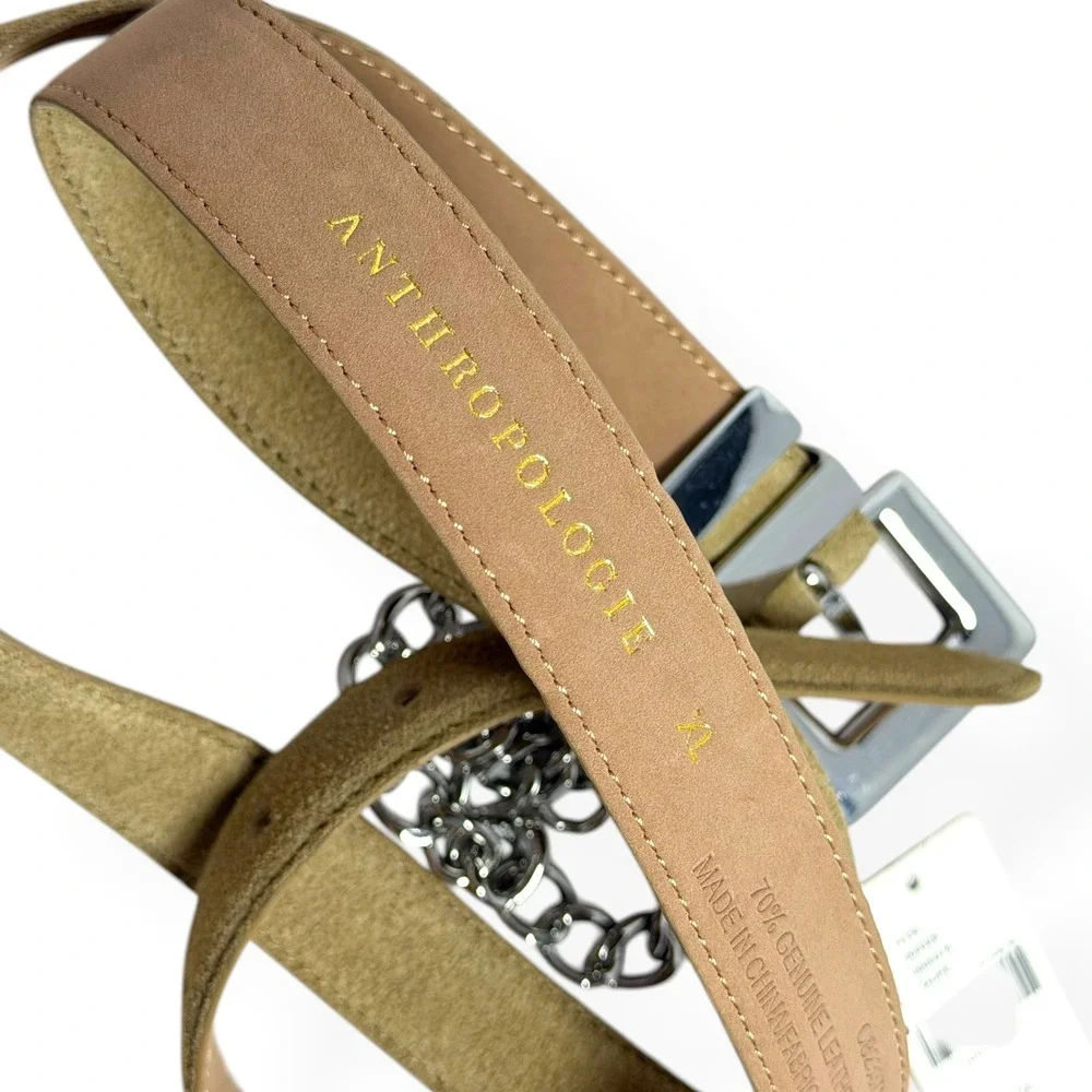 NWT Anthropologie‎ Double Chain Belt XL Taupe Suede Silver Hammered Buckle